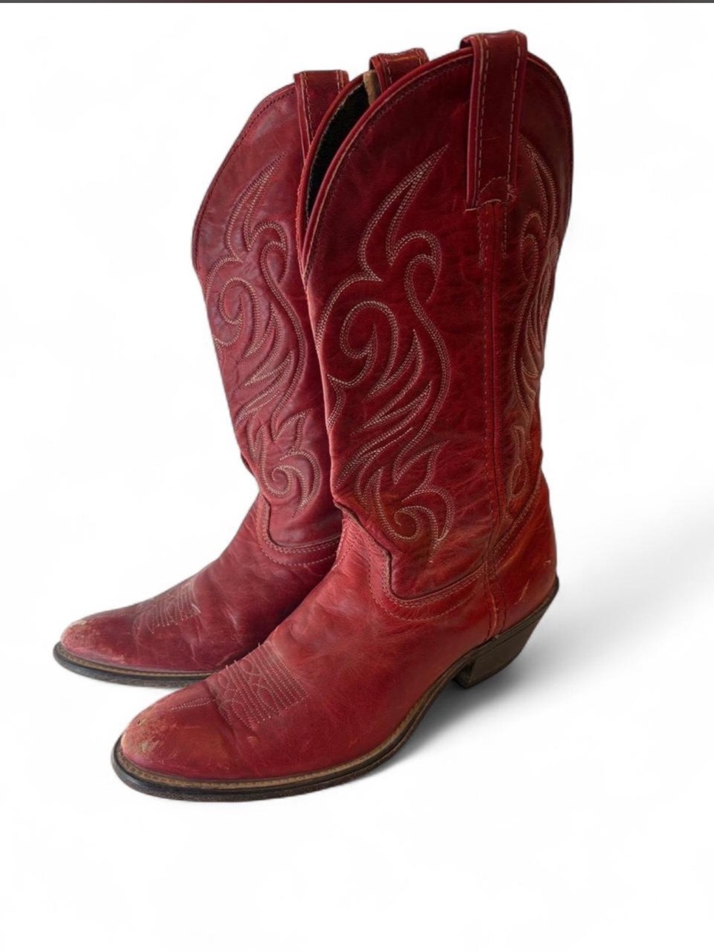 Vintage Red Leather Western Cowboy Boots USA Made Pointed Toe Stitched Size 8